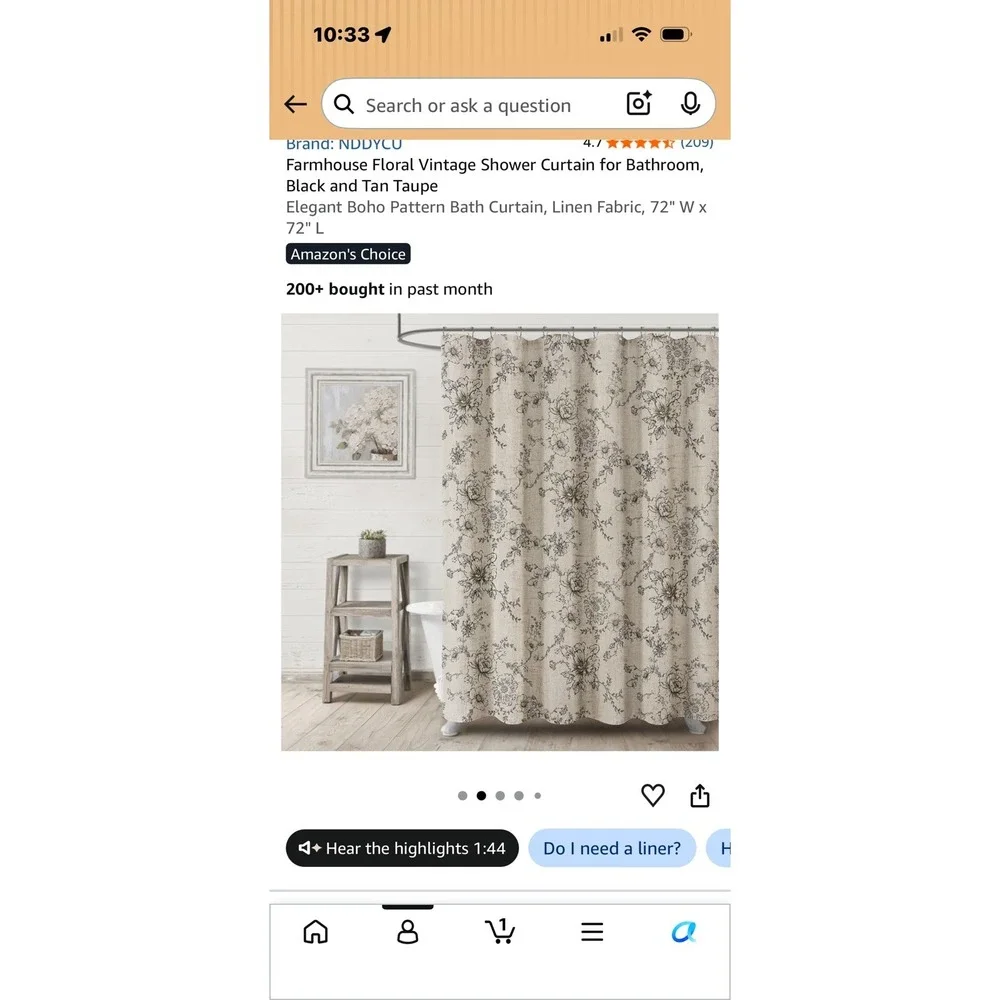 Vintage-Inspired Floral Shower Curtain, Black Tan Taupe 72x72 for Farmhouse Feel